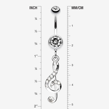 Detail View 1 of G Clef Music Note Sparkle Belly Ring-Clear Gem